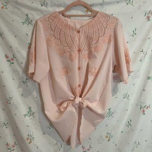 Vintage 90s Peach Pink Floral Embroidered Blouse Size L